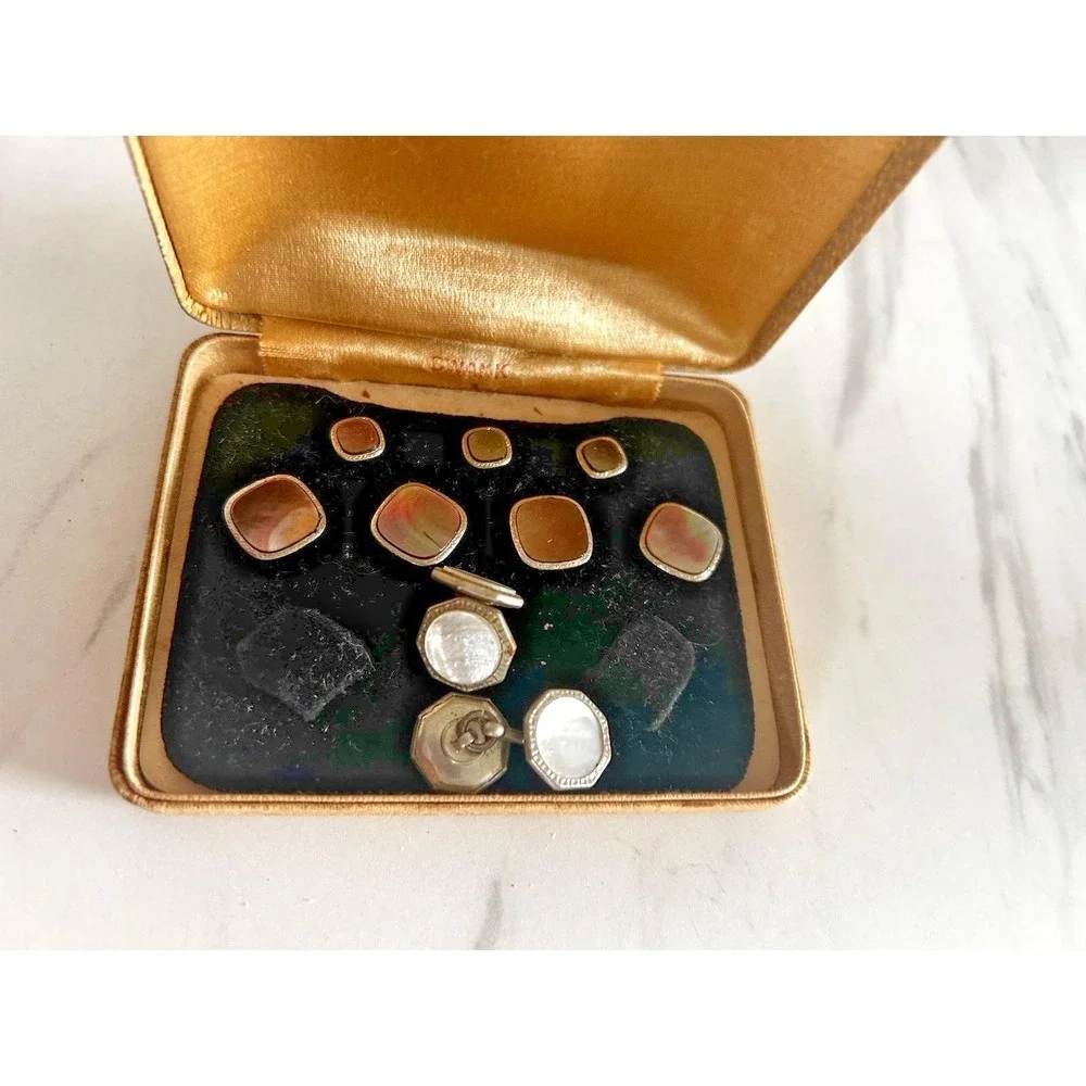 Vintage Krementz Art Deco Cufflink Tuxedo Set Formal Wear Mother of Pearl 1920s